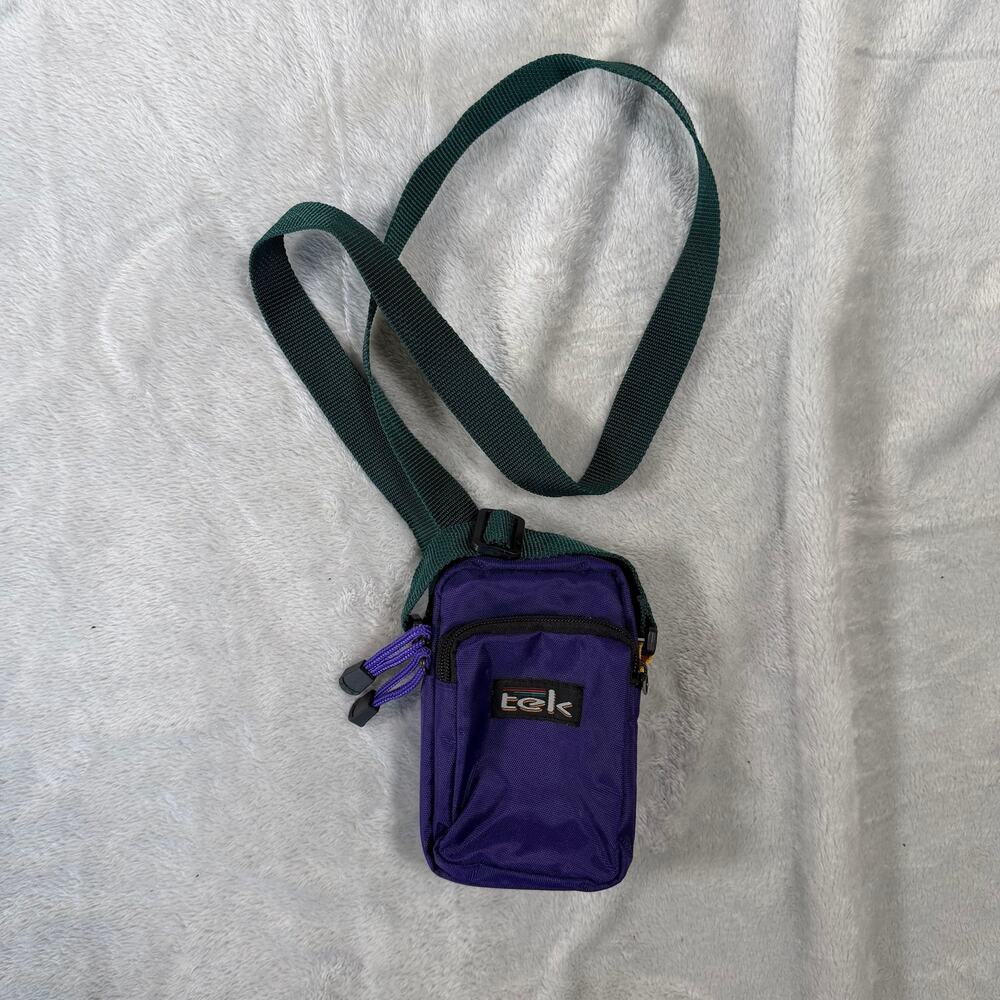 TeK Purple Mini Crossbody Bag Green Strap Y2K Utility Shoulder Pouch